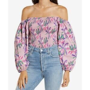 WAYF pink purple smocked off the shoulder balloon sleeve top